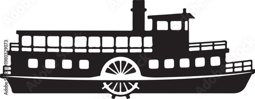 Black paddle steamer boat, river cruise ship, silhouette icon, vector illustration