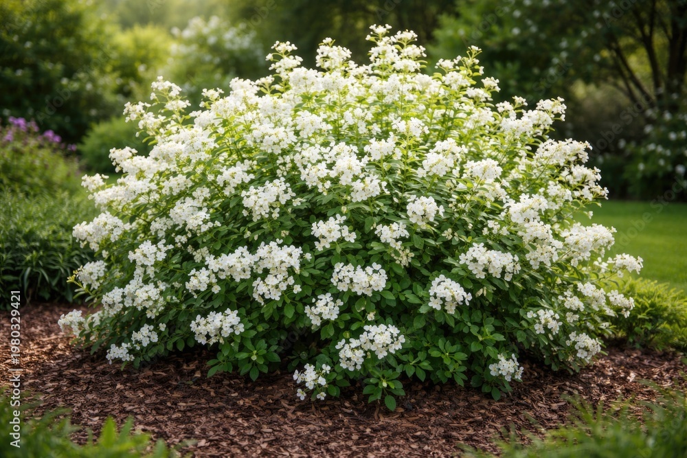 Obraz premium A vibrant flowering bush with delicate white blossoms surrounded by rich green foliage in a mulched garden bed