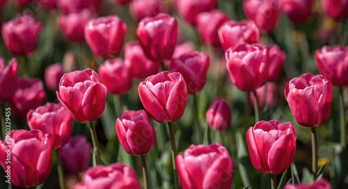 Vibrant pink tulips blossoming in a sunlit garden with a gentle lilac gradient