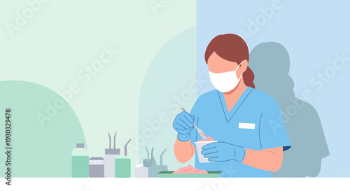 Medical professional in mask and gloves preparing medication in a lab