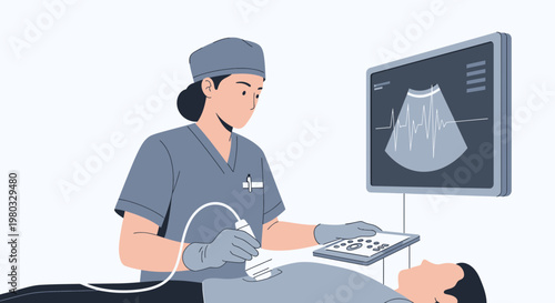 Medical professional performing ultrasound scan on patient, diagnostic imaging technology