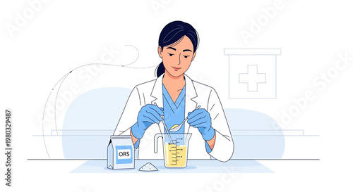 Medical professional preparing oral rehydration solution (ORS) for patient care