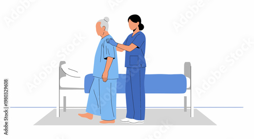 Nurse assisting elderly patient to walk near hospital bed, rehabilitation and care concept