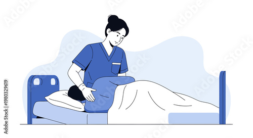 Nurse assisting patient in bed, healthcare, medical care, support, elderly care, hospital room