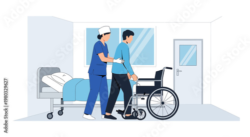 Nurse assisting patient from hospital bed to wheelchair in room