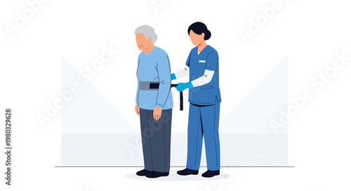Nurse assisting elderly patient with mobility aid, physical therapy, rehabilitation