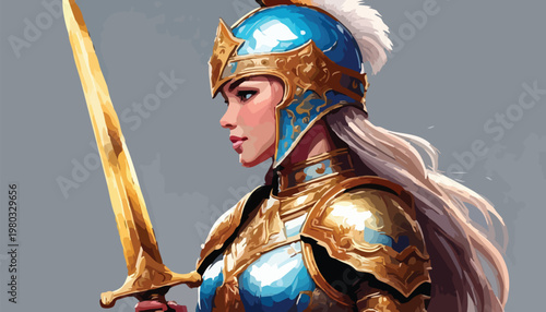 Illustration of a Female Warrior in Golden Armor with Sword.
