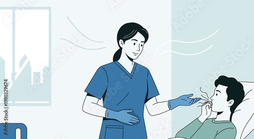 Nurse assisting patient with breathing exercises in hospital room, healthcare concept