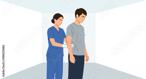 Nurse assisting patient with physical therapy exercise for back support and rehabilitation