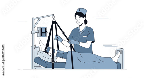 Nurse assisting patient with patient lift in hospital bed, medical care concept