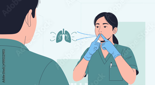 Nurse demonstrates breathing technique to patient, lungs illustration