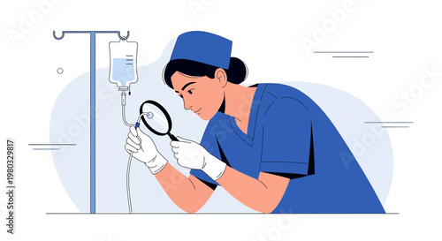 Nurse Inspecting IV Drip Bag with Magnifying Glass, Healthcare, Medical Care, Hospital