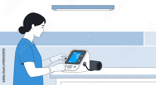 Nurse operating blood pressure monitor, healthcare, medical equipment, patient care