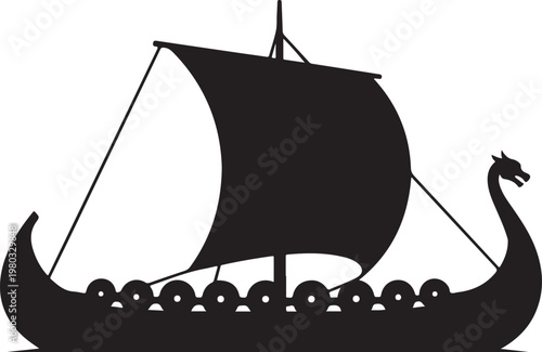 Viking ship, dragon boat, black silhouette, vector icon, sailing vessel, ancient Scandinavian