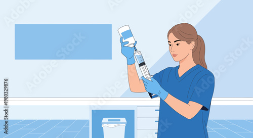 Nurse preparing injection with medicine vial and syringe in clinic, healthcare concept