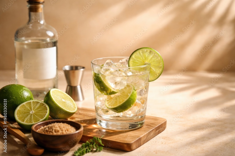 Fototapeta premium Classic Ti Punch cocktail with fresh lime and white rum on beige shadowed background with copy space