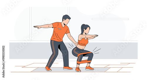 Personal trainer guiding woman doing squats with resistance band for glute workout