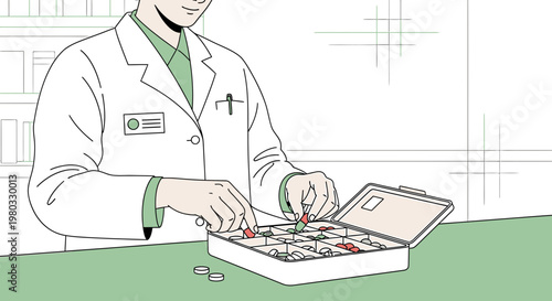 Pharmacist Arranging Pills in Organizer Box, Healthcare and Medication Management Concept