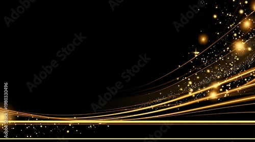Black Background Golden Glowing Light Lines Stars Vector Illustration Elegant Left Curve Copy Space Luxury Celebration Festive Event Backdrop