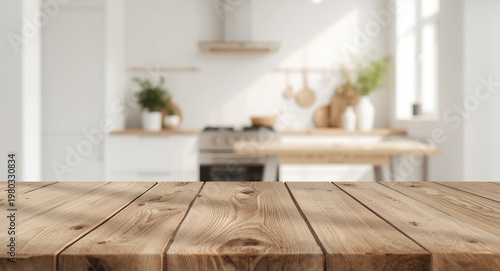 Contemporary Scandinavian kitchen with rustic wooden table and delicate blurred background effect