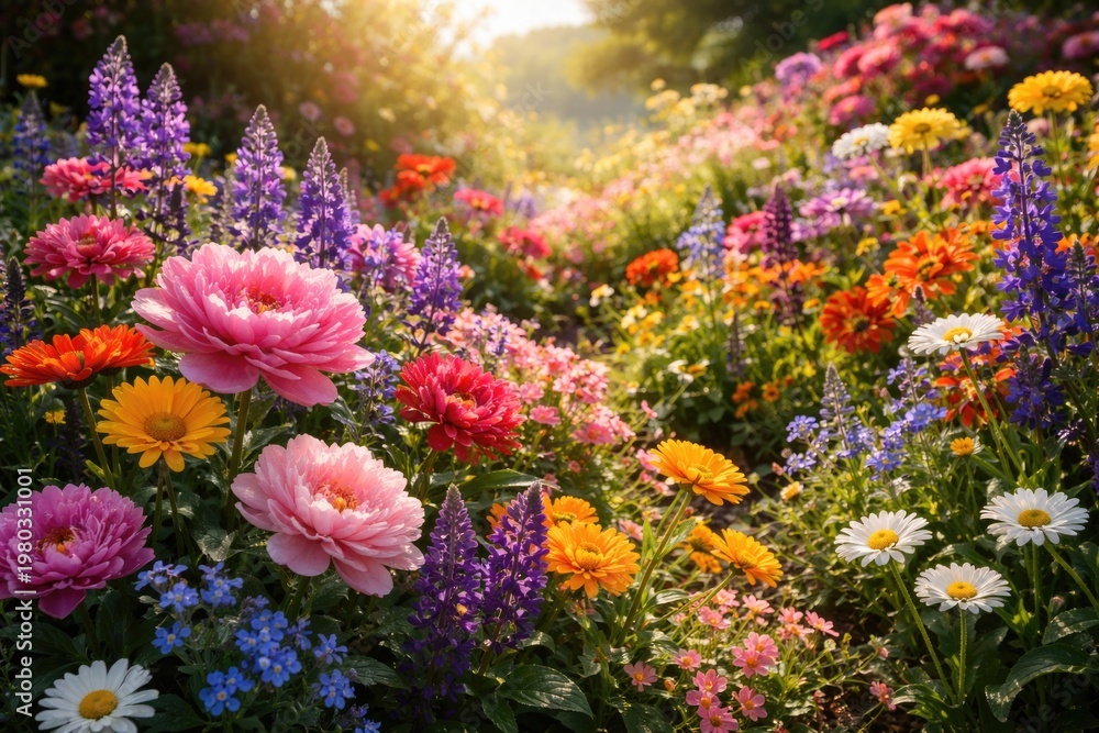 Fototapeta premium Vibrant Flower Garden in Full Bloom with Soft Morning Light