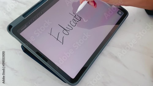 Digital education concept with handwritten word Education on tablet screen using stylus pen. Modern online learning, remote study, and electronic classroom technology for creative students