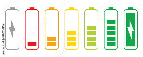 Battery level indicators. Colorful battery charge level icons. Battery power level pictograms in outline style. Battery level indicators. vector illustration eps file.