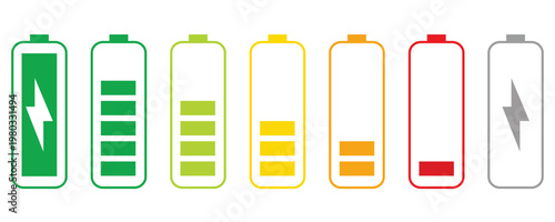 Battery level indicators. Colorful battery charge level icons. Battery power level pictograms in outline style. Battery level indicators. vector illustration eps file.