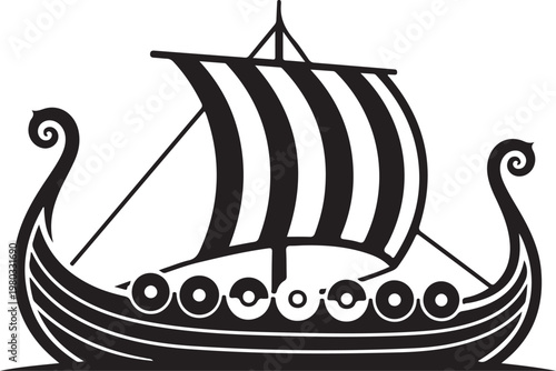 Viking ship, black and white vector, ancient boat, nautical icon, sailboat illustration