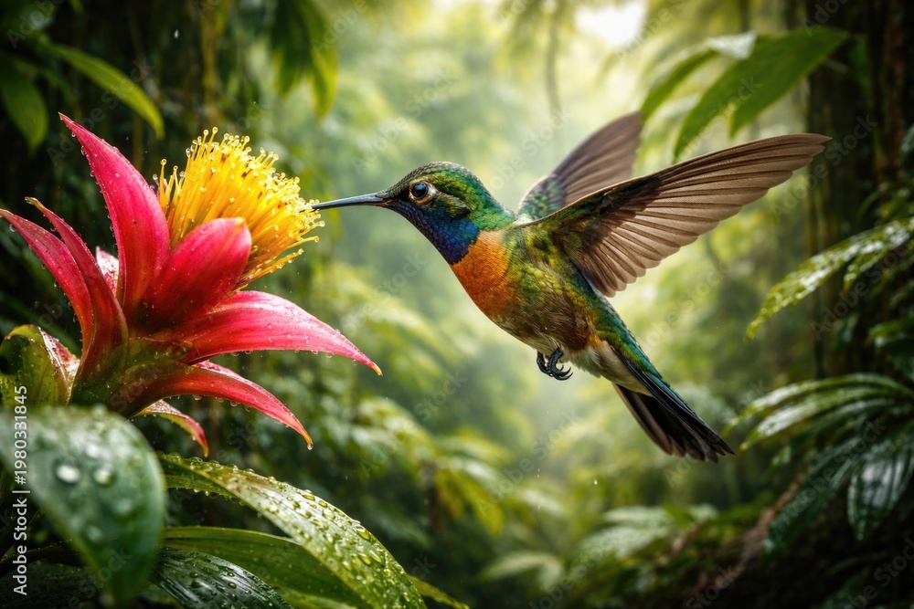 Fototapeta premium Vibrant hummingbird sipping nectar mid hover in lush rainforest flora