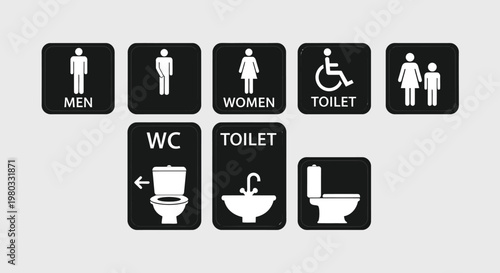 A collection of black restroom signage depicting men women accessible toilets and washroom facilities