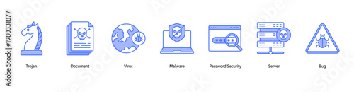 Data Protection web banner icon vector illustration featuring Trojan, Document, Virus, Malware, Password Security, Server, and Bug.