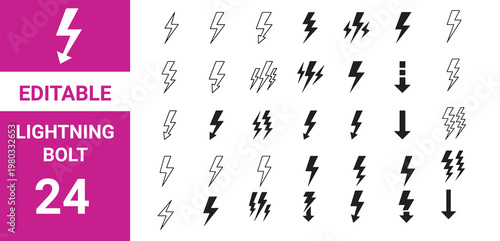Lightning bolt icon set. Thunderbolt symbol. Electric power energy logo