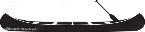 Black canoe, vector boat, paddle silhouette, watercraft icon, flat design