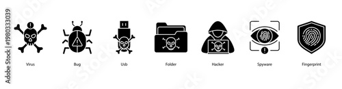 Cyber Threats web banner icon vector illustration featuring Virus, Bug, USB, Folder, Hacker, Spyware, and Fingerprint.