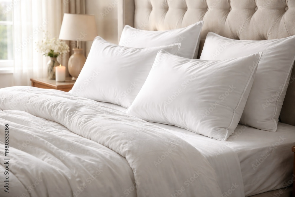 Obraz premium Bright white pillows highlighted on a cozy bed with matching duvet and bedspread in a bedroom