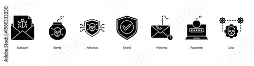 Online Security web banner icon vector illustration featuring Malware, Bomb, Antivirus, Shield, Phishing, Password, and Gear.