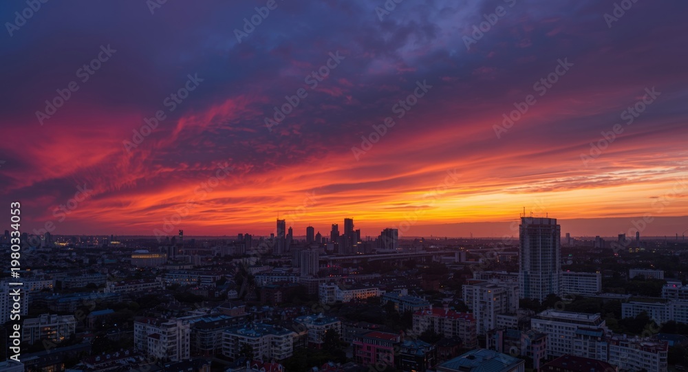 Fototapeta premium Dramatic sunset sky over modern cityscape highlighting vibrant urban development