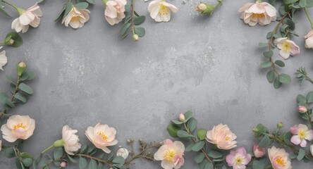 Top view of delicate pastel blooms with eucalyptus leaves forming a floral border on gray