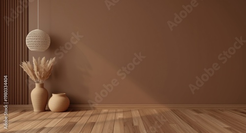 Stylish room interior with wooden elements and unoccupied brown wall for boho design presentation