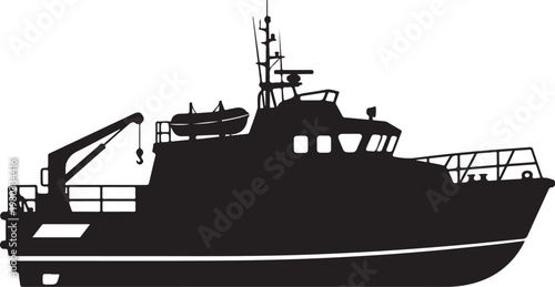 Fishing boat, silhouette, vector graphic, black, industrial, nautical, vessel, ship
