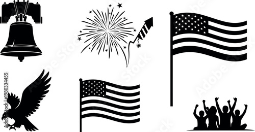 A collection of patriotic icons and symbols celebrating American independence and freedom