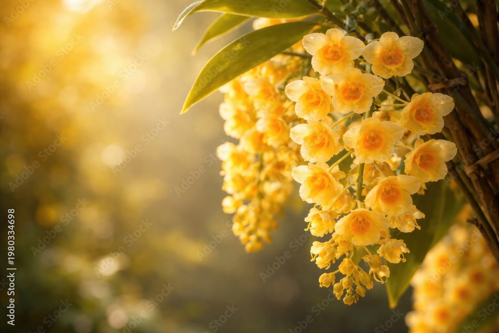 Fototapeta premium Yellow orchid Dendrobium densiflorum illuminated by morning light with copy space background