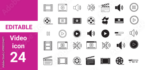 Video icon set.Film production icon set with camera, clapperboard,