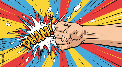 Fist Punching Comic Explosion with PHAM Text for Action or Impact