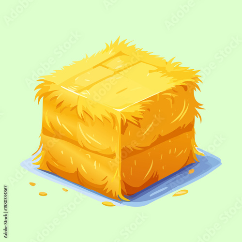 Isometric golden hay bale or straw cube for farm storage and livestock feed during the autumn harvest season in rural areas