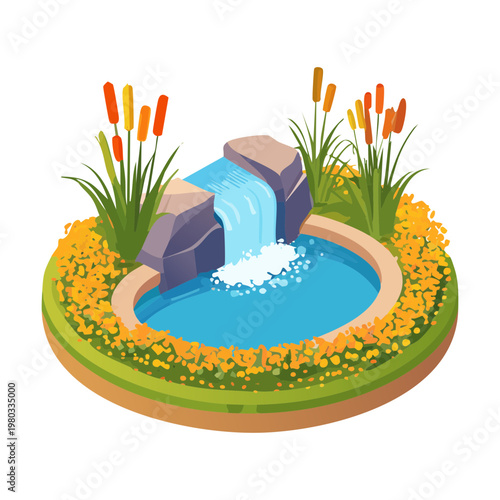 Natural garden pond with a stone waterfall feature surrounded by cattails and green plants for backyard sanctuary and landscape design