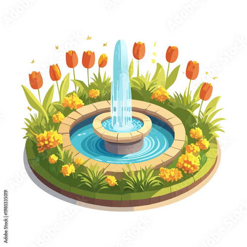 Large garden water fountain in a circular flowerbed with blooming tulips and lush greenery for park scenery and public space decoration