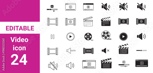Video icon set.Film production icon set with camera, clapperboard,