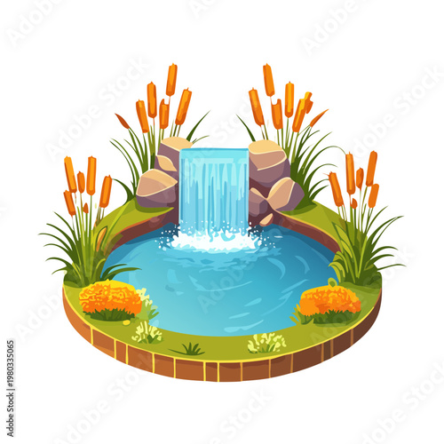 Detailed stone waterfall feature in a garden pond with cattails and lush green vegetation for natural landscape and outdoor park design